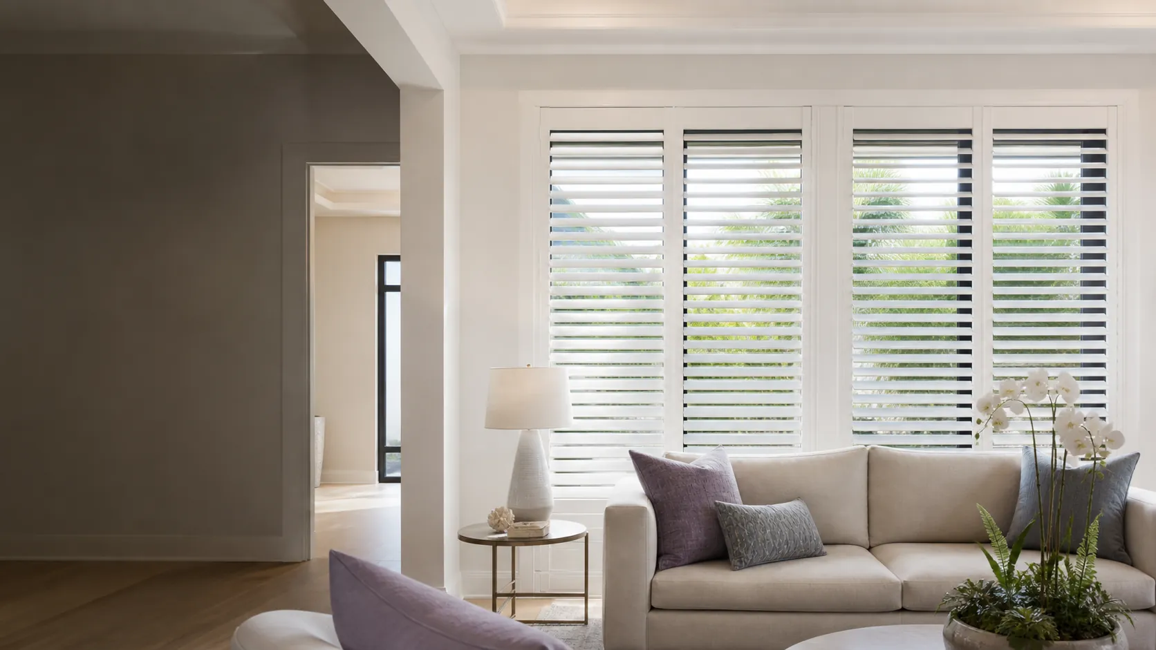 Custom white plantation shutters in a modern upscale Ponte Vedra home